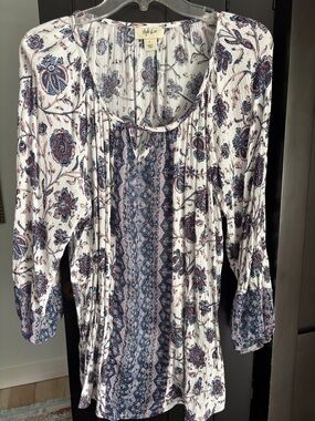 Style & Co. White Floral Boho Tunic with Navy and Dusty Rose Accents